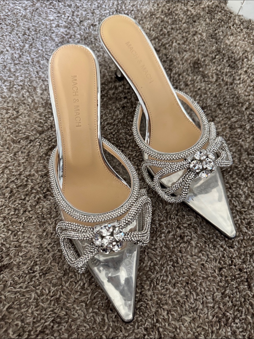 New MACH & MACH Silver Heels Mules with Crystal Bow PVC Size 38 Retails $1200